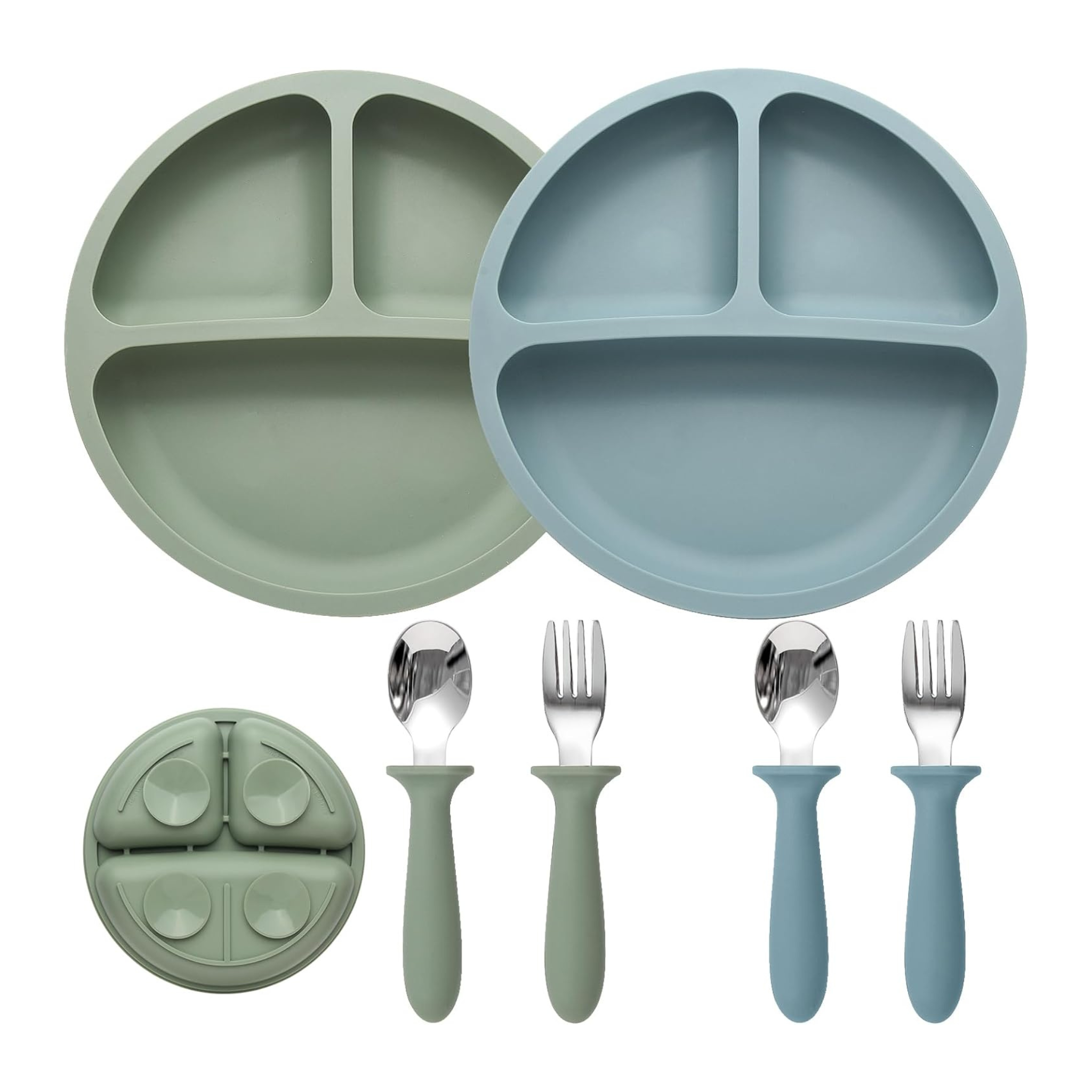 Set de alimentación para bebé Eascrozn con 2 platos divididos de silicona con succión y 4 cubiertos de acero inoxidable sobre trona blanca
