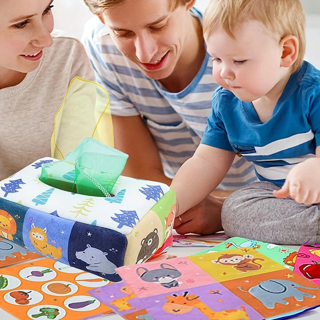 lumafe Caja mágica de pañuelos Montessori para bebés: juguete sensorial educativo bebe con sus padres jugando