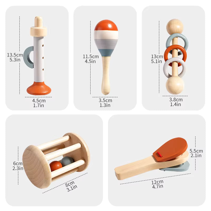 lumafe Set de instrumentos musicales Montessori de madera para bebés muestra las medidas del producto